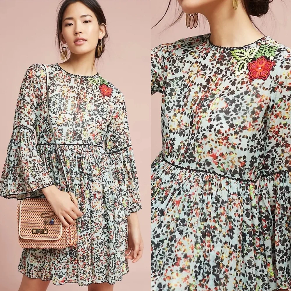 Anthropologie Bhanuni by Jyoti Libra Embroidered Floral Tunic Mini Dress Size 12